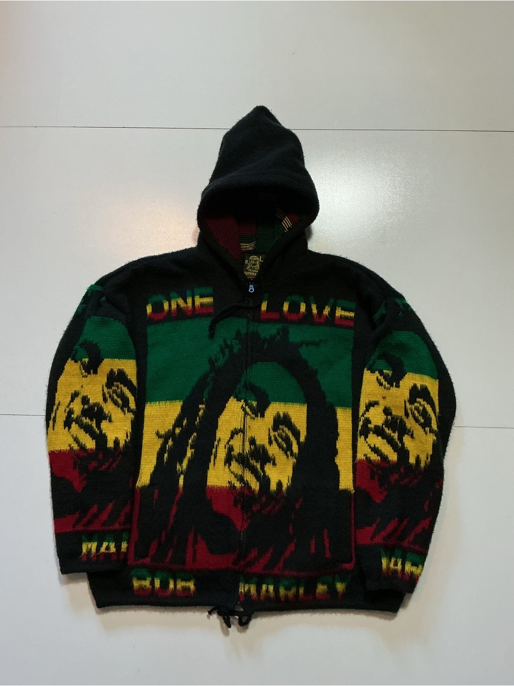 Vintage Bob Marley One Love Rasta Full Zip Knit Hooded Sweater Jacket